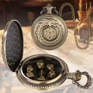 Retro Dragon Dice Wearing Pocket Watch Mysterious Metal Case Silver Hollow Pocket Watch Box With DND Brass Mini Dice Set