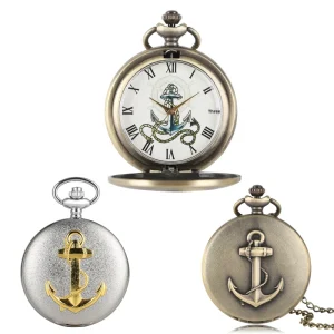 Retro Gold Bronze Vintage Sailor Anchor Pocket Watch Roman Numerals Quartz 47mm Dial Nautical Maritime Style