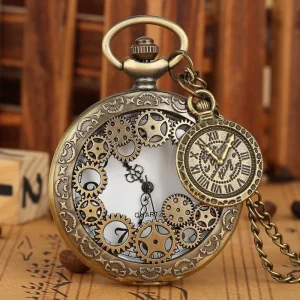 Retro Hollow Out Pocket Watch Pendant Compass Quartz Pendant Watch with Sweater Chain Portable Timepiece