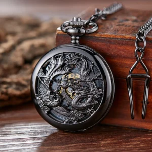 Retro Mechanical Pocket Watch Dragon Play Ball Steampunk Skeleton Hand wind Flip Clock Fob Watch With Chain Double Hunter Gift