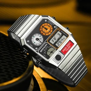 Retro Men’s Luxury Sport Watch Quartz Vintage Temperature Square Acrylic Band Chronograph Multifunctional 5BAR Water Resistant