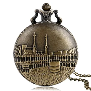 Retro Pocket Watch Antique Bronze Engraved Castle Design White Arabic Dial Quartz with Chain