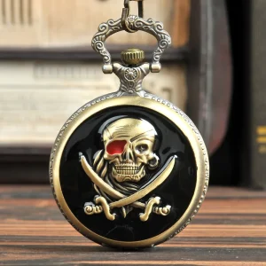 Retro Pocket Watch for Boy Bronze Skull Pirate Quartz Pocket Watch With Necklace Chain Gift to Men Women Pendant Watches