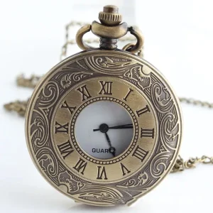 Retro Roman Quartz Pocket Watch Stainless Steel Classic Antique Vintage Style Modern Necklace with Hollowed Out Case