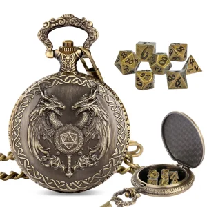 Retro Silver Gold Metal Pocket Shell Watch Box Mysterious DND Polyhedral Mini Dice Set for DND Games