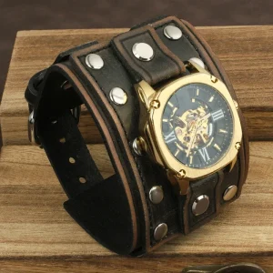 Retro Style First Layer Genuine Leather Bracelet Watch Band Men’s Wide Watch Strap with Rivet