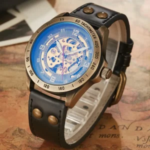 Retro Style Men Automatic Mechanical Watch Skeleton Steampunk Genuine Leather Band Wrist Watch