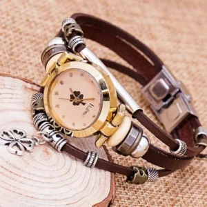 Retro Winding Design Women’s Quartz Watch Simple Fashion Student Gift Watch Four Leaf Clover Pendant Design Souvenir Watch