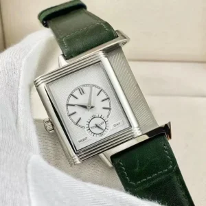 Reversible Double-sided Retro Flip Case Square Men’s Wristwatch Green Dial Small Seconds Leather Strap