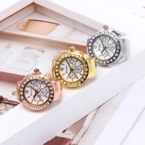 Rhinestone Bezel Ring Watch Arabic Numerals Flower Dial Finger Watch Crystal Jewelry for Women Girls Gifts