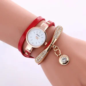 Rhinestone Quartz Watch for Woman 28mm Small Dial Leather Band Dragonfly Bracelet Watch