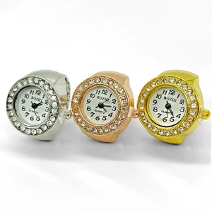 Rhinestone Ring Watch Round Alloy Finger Watch Gold Silver Rose Gold Quartz Watch Ring Stainless Steel Elastic Band