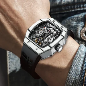 Richard Series Men’s Tourbillon Mechanical Watch Manual Movement Barrel Shape Carbon Fiber Watch with Tape
