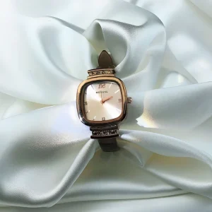 Rose Gold Diamond Embellished Women’s Square Quartz Watch with Leather Band and Alloy Case