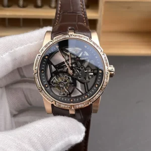 Rose Gold Diamond Inlaid 45mm Men’s Luxury Tourbillon Automatic Mechanical Watch Hollow Skeleton Casual Sports Watch