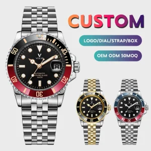 Rose Gold Men’s Dive Watch with Calendar Luminous Custom Business Style Stainless Steel Band