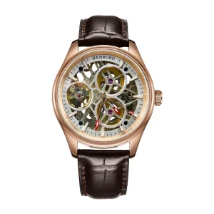 Rose Gold Skeleton Automatic Men’s Mechanical Watch Crystal Dial Brown Leather Strap Business Watch