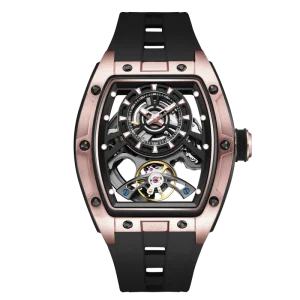 Rose Gold Skeleton Watch Men Mechanical Tourbillon Hollow Out Waterproof Wristwatch