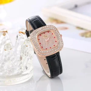 Rose Gold Tone Square Case Double Row Crystal Encrusted Bezel Wristwatch