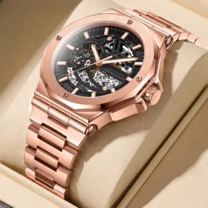Rose Gold Waterproof Stainless Steel Business Luminous Sport Chronograph Men’s Mechanical Watch Fashion Reloj Para Hombre