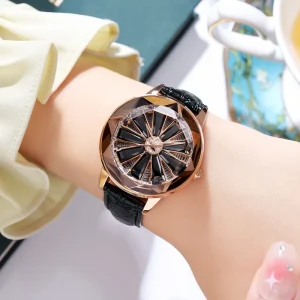 Rotary Dial Lucky Turntable Watch 2184 Irregular Glass Lady Quartz Watch Red Leather Woman Watches