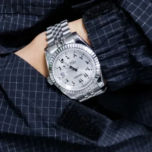 Round Design Luxury White Stainless Steel Men’s 18mm Band Width Mechanical Watch with Custom Logo