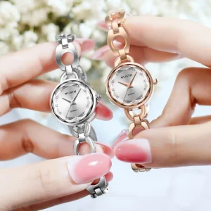 Round Dial Women’s Stainless Steel Watch with Diamond Set Korean Fashion Waterproof Student Quartz Watch