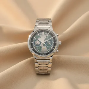 Round Men’s Japan Quartz Watch Luminous Hands World Map Stainless Steel Band 5BAR Waterproof Wristwatch