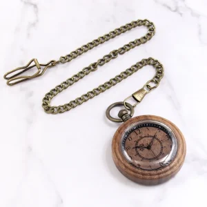 Round Vintage Minimalist Wooden Pocket Watch Student Watch with Chain Engravable Groomsmen Gift 5th Anniversary Gift to Him