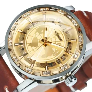 Royal Luxury Men’s Mechanical Watch Skeleton Design Brown Leather Strap Transparent Oval Case 22mm Band Waterproof