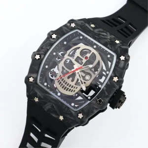Rubber Band Quartz Movement Carbon Fiber Print Vintage Auto Skeleton Dial Black Skull Fashion Business Water Resistant