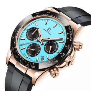 Rubber Strap Turquoise Blue Dial Quartz Watch for Men Automatic Date Sport Chronograph Waterproof