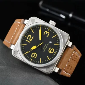 Rugged Tactical Aviation Inspired Square Screw Down Bezel Black Orange High Contrast Dial Watch for Men