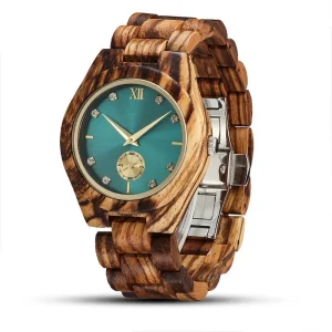 Rustic Elegance Wooden Wristwatch Small Seconds Chronograph Rhinestone Hour Marks Quartz 39mm Glass