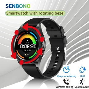 SENBONO D26A Unisex Smartwatch Rotating Bezel AI Voice Assistant Sleep Monitoring Stress Testing IP67 Waterproof 5-10 Days
