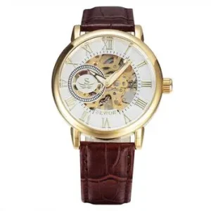 SEWOR 077 Top 10 Brands Gold Mens Mechanical Watch clear Leather Strap Waterproof Skeleton Transparent Full Automatic Wristwatch