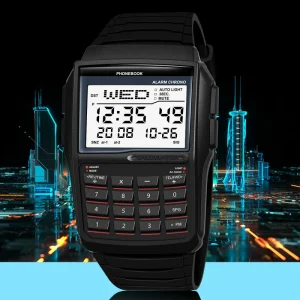 SHUAIKE 1116 Men’s Calculator Design Classic Watch TPU Strap LED Display Watch 3Bar Waterproof Digital Watch Reloj Hombre