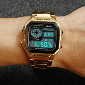 SKMEI 1335 Digital Sports Watch Men’s Water Resistant Stainless Steel Band Electronic Square LED Back Light Wristwatch Gold