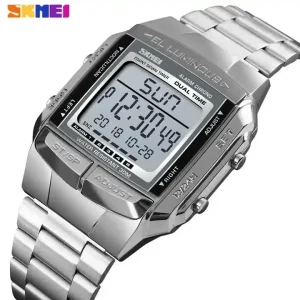 SKMEI 1381 Men Digital Stainless Steel Electronic Watch Week Date Luminous Countdown Square Dial Alarm LED Display Clock for Man