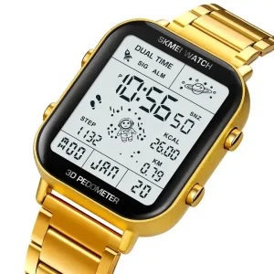 SKMEI 1888 Men Stainless Steel Multifunction Pedometer Calories Mileage Dual Time Black Gold Sport Waterproof Digital Watch