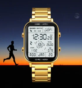 SKMEI 1888 Men Stainless Steel Multifunctional Pedometer Calories Mileage Dual Time Black Gold Sports Waterproof Digital Watch