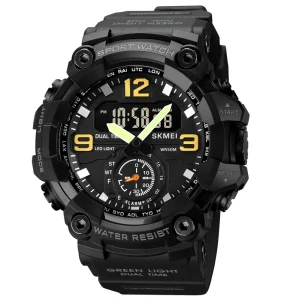 SKMEI 1965 Double Movement Stainless Steel Men’s Sports Watch Waterproof Chronograph Stop Watch Alarm
