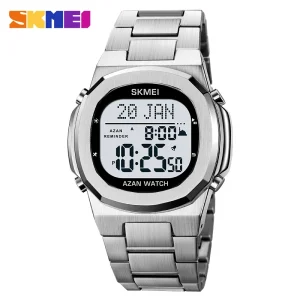 SKMEI 2036 Silver Metal Men Digital Watch with Qibla Azan Reminder