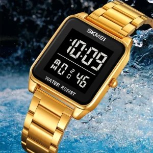SKMEI 2154 Fashion Square Sport Men’s Watches LED Electronic Luxury Stainless Steel Strap 3Bar Waterproof Digital Wristwatches