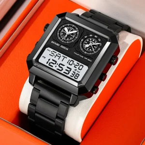 SKMEI 2204 Quartz Analog Digital Watch Relojes Hombre Men’s Sports Watches Stainless Steel Waterproof Dual Display Wristwatch
