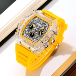 SKMEI 2305 New Design Fashion Luxury Men’s Wrist Watch Transparent Case Silicone Band Waterproof Pointer Dial