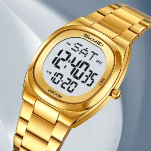 SKMEI 2419 Men’s Digital Sports Watch with Water Resistant Stainless Steel Band LED Back Light Oval Design Wristwatch Gold
