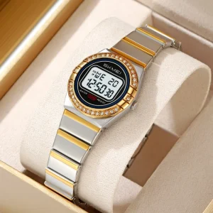 SKMEI 2446 Women’s Sport Digital Watch Diamond Dial Stainless Steel Band Small Size Wristwatches Featuring Alarm Chronograph