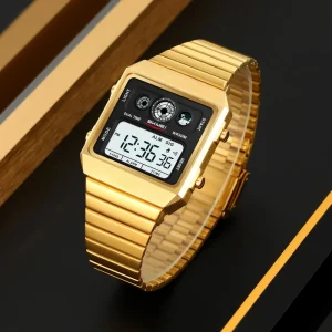 SKMEI 2450 Men’s Water Resistant Stainless Steel Band Sports Digital Watch with Rectangular LED Back Light Gold