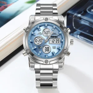 SKMEI 2556 Men’s Waterproof Digital Watch Business Wristwatch 3 Time Display LED Lights Stainless Steel Alarm Luminous